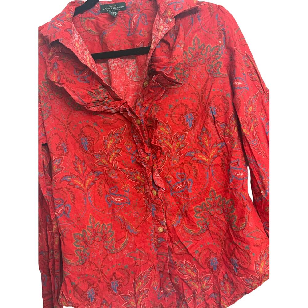Lauren Jeans Co Ralph Lauren Women’s Red Paisley Ruffle Blouse Boho Western - Picture 7 of 10